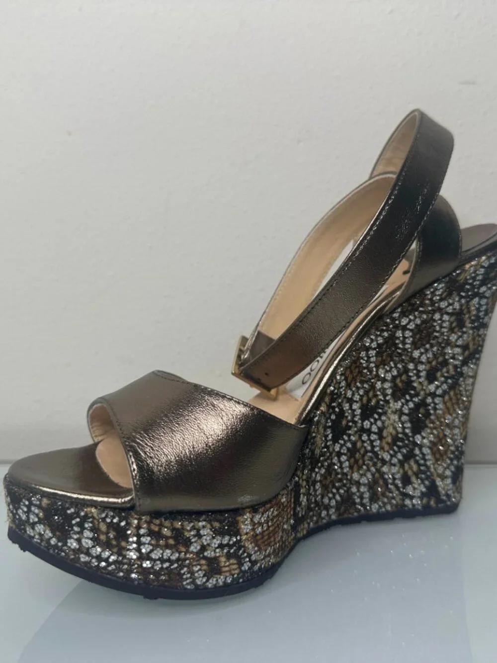 Jimmy Choo Pablo Gunmetal Leather Strap Wedge Heel Sandals - Picture 2 of 7